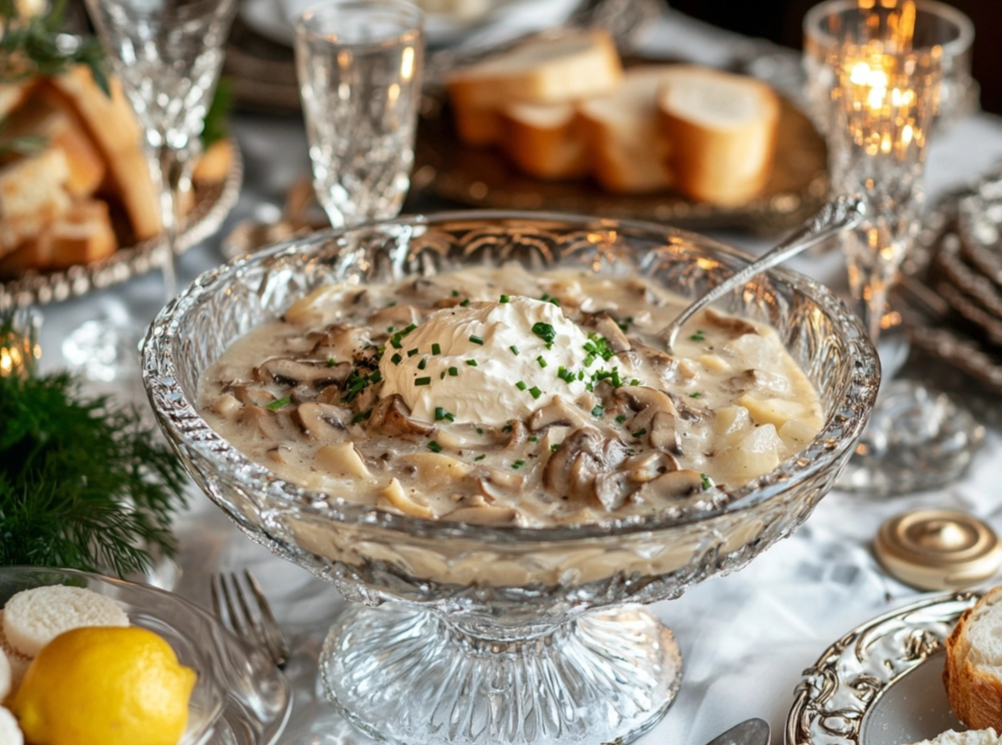 A crystal serving bowl filled with creamy mushroom soup, topped with sour cream and chives, surrounded by elegant table settings.