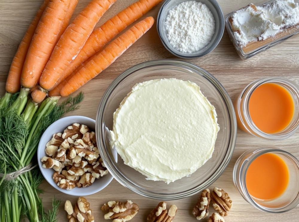 Fresh carrots, cream cheese frosting, walnuts, flour, orange juice, and other ingredients arranged on a wooden surface for a carrot cake recipe.