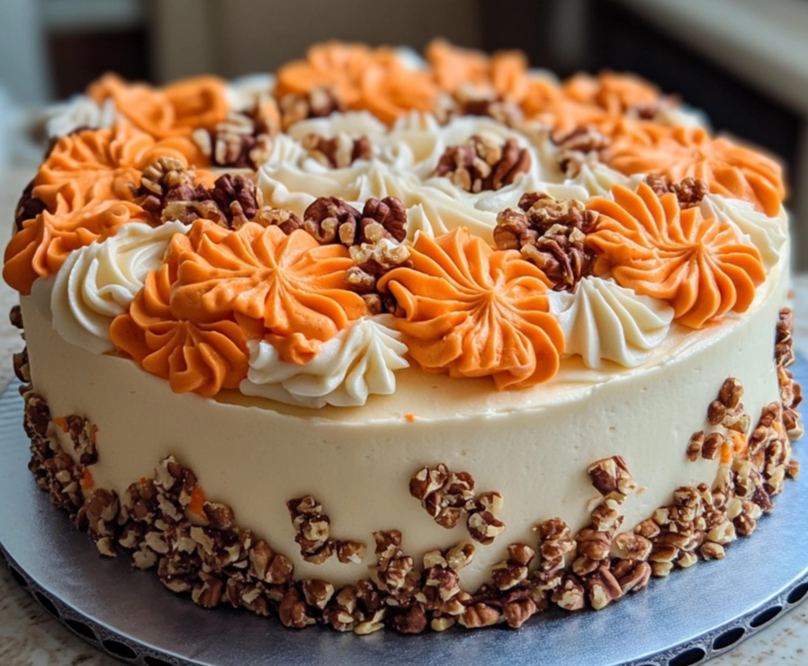 A beautifully decorated cake with orange and white frosting rosettes, topped with pecans, and a border of chopped pecans around the base.