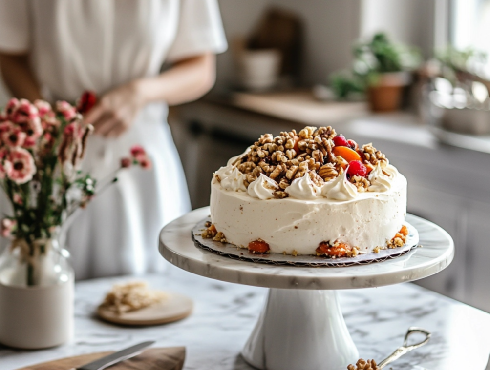 A beautifully decorated cake with cream frosting, topped with walnuts and fresh fruits, displayed on a marble cake stand in a cozy kitchen setting.