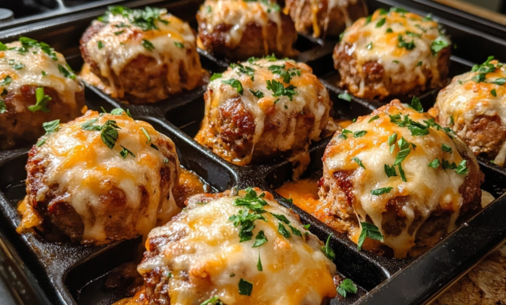 Cheesy stuffed meatloaf bites served on a platter