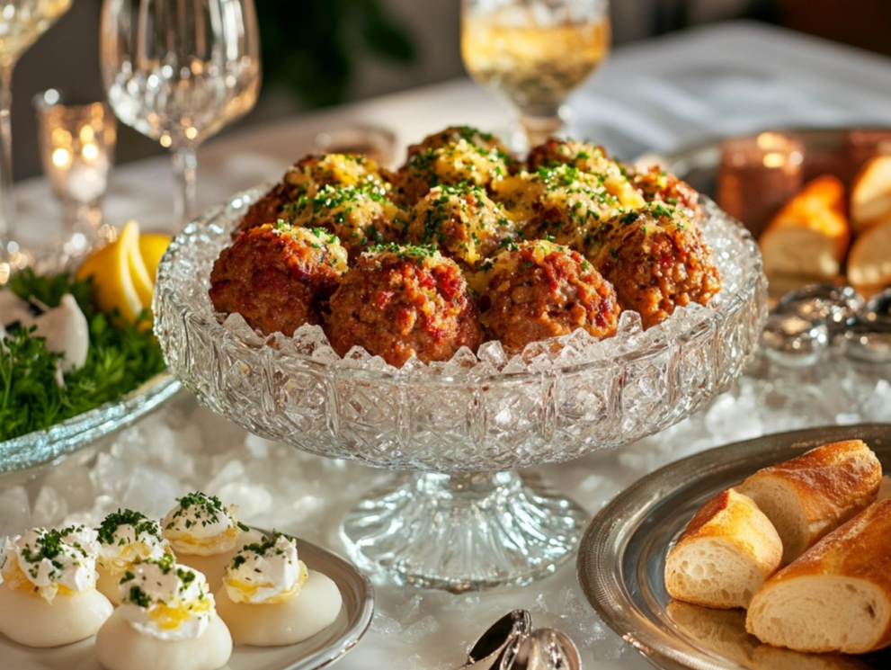 A crystal bowl filled with baked meatballs garnished with herbs, surrounded by deviled eggs, bread, and elegant dinnerware on a festive table.