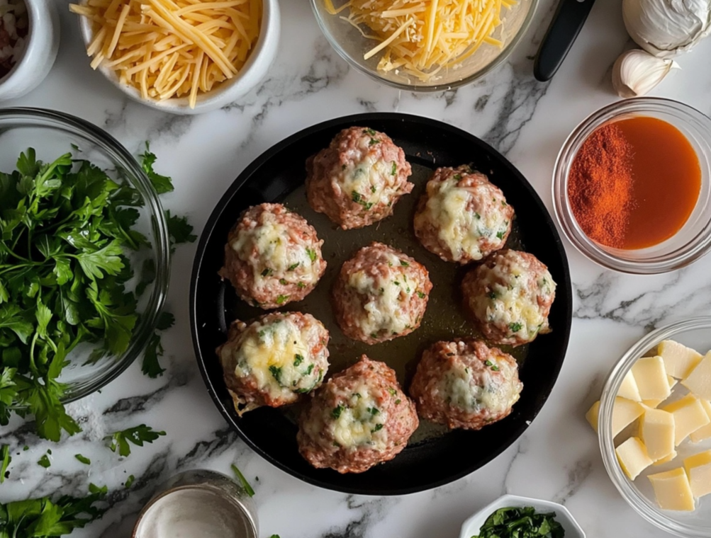 A black plate of baked meatballs topped with melted cheese, surrounded by fresh parsley, grated cheese, butter cubes, paprika, and sauce on a marble countertop.