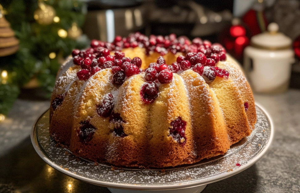 Christmas Cranberry Pound Cake fresh from the oven with cranberries on top.