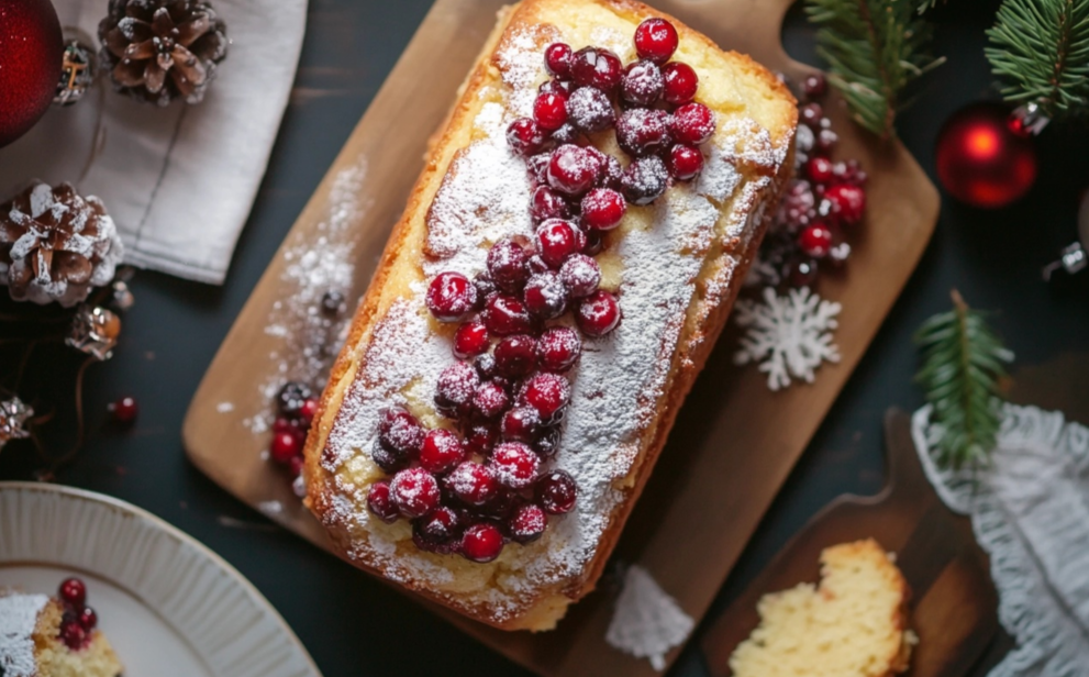 A festive cranberry loaf cake topped with powdered sugar and fresh cranberries, surrounded by holiday decorations on a dark background.