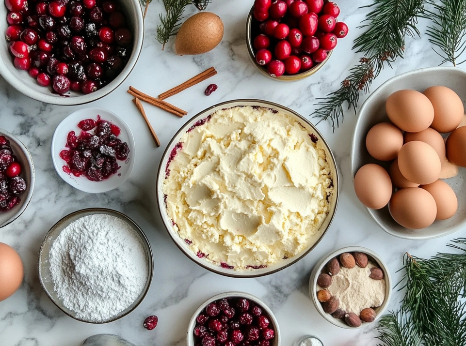 Ingredients for a festive cranberry dessert, including fresh cranberries, eggs, powdered sugar, cinnamon sticks, and a bowl of cream mixture, arranged on a marble surface with pine sprigs.