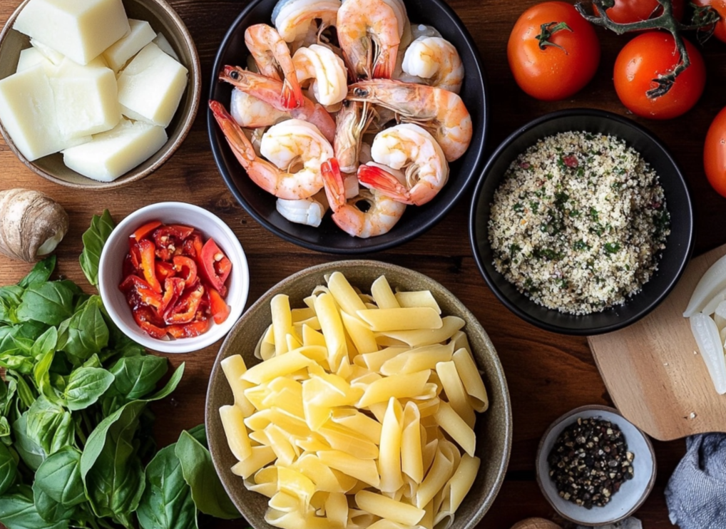 Fresh ingredients for a seafood pasta dish, including shrimp, penne pasta, tomatoes, basil, roasted peppers, couscous, and cheese, arranged on a wooden surface.