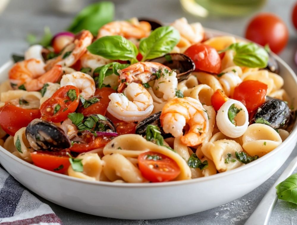 Seafood Pasta Salad with fresh shrimp, scallops, and colorful vegetables.