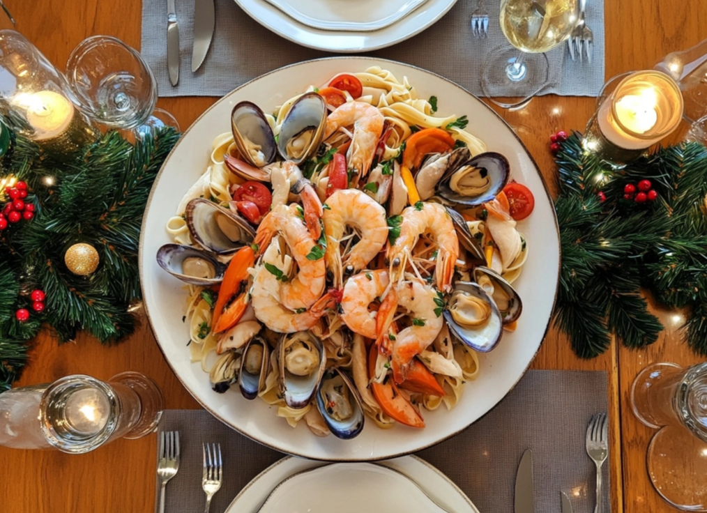 A festive seafood pasta platter with shrimp, mussels, and clams served on a holiday table adorned with candles, garlands, and glasses of white wine. Title: Holiday Seafood Pasta Platter