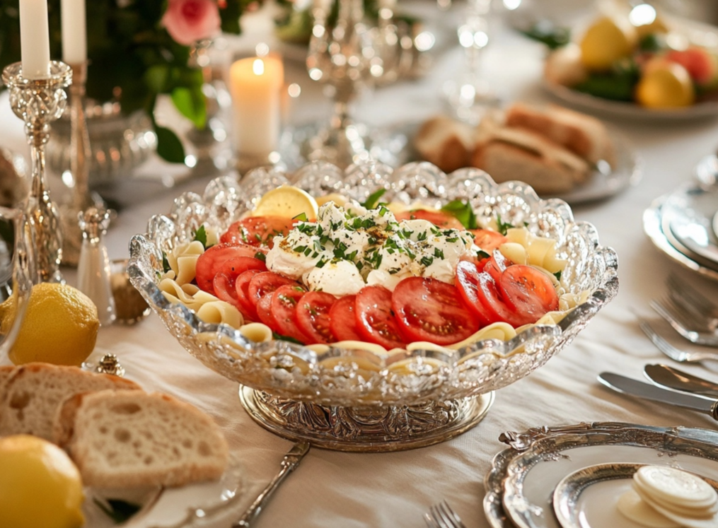 A beautifully arranged Caprese pasta salad with sliced tomatoes, mozzarella, and herbs in an ornate crystal bowl, set on an elegant dining table with candles and bread.