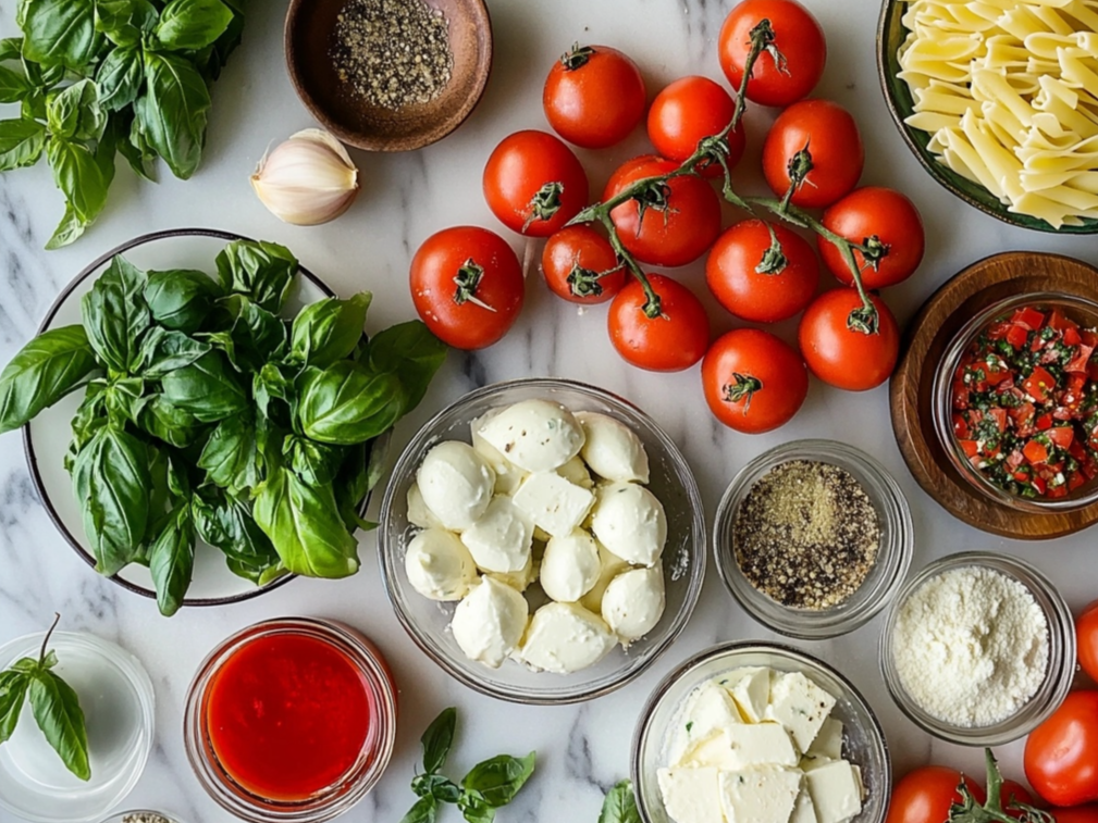 Fresh ingredients for a Caprese-inspired pasta dish, including basil, cherry tomatoes, mozzarella, pasta, garlic, and seasonings, arranged on a marble surface.