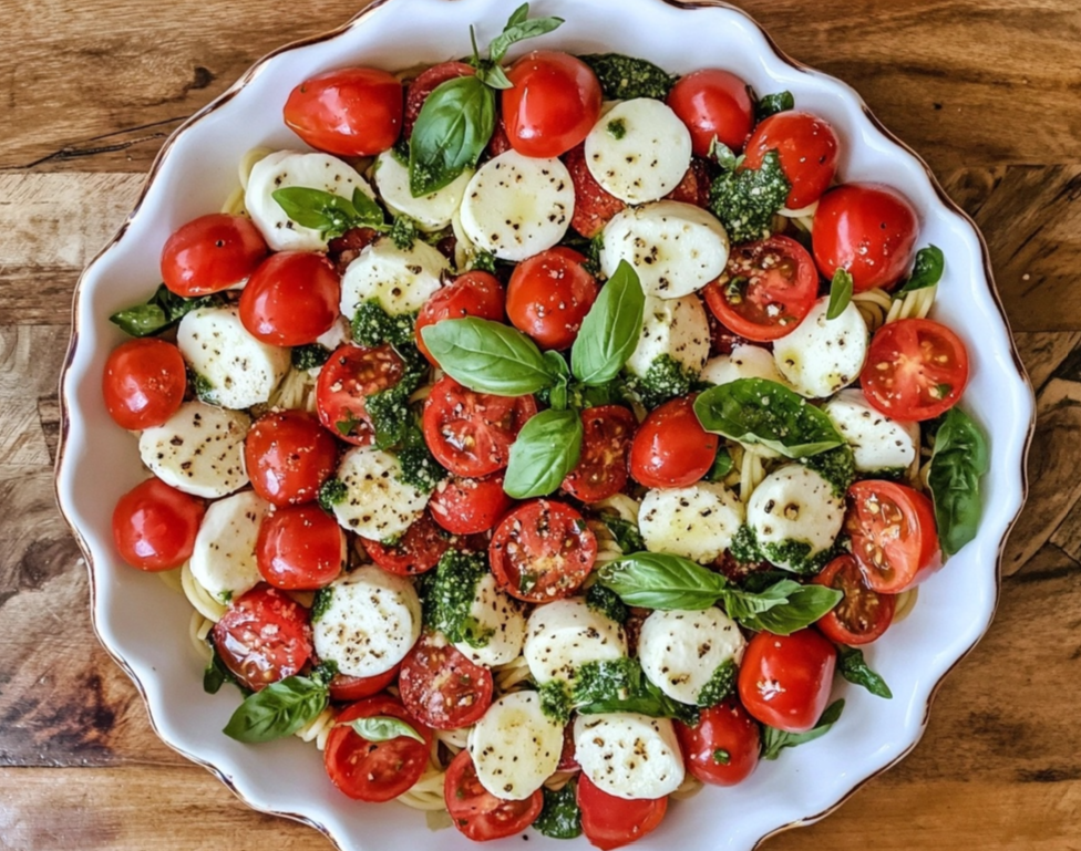 Caprese Pasta Salad with fresh mozzarella, cherry tomatoes, and basil.