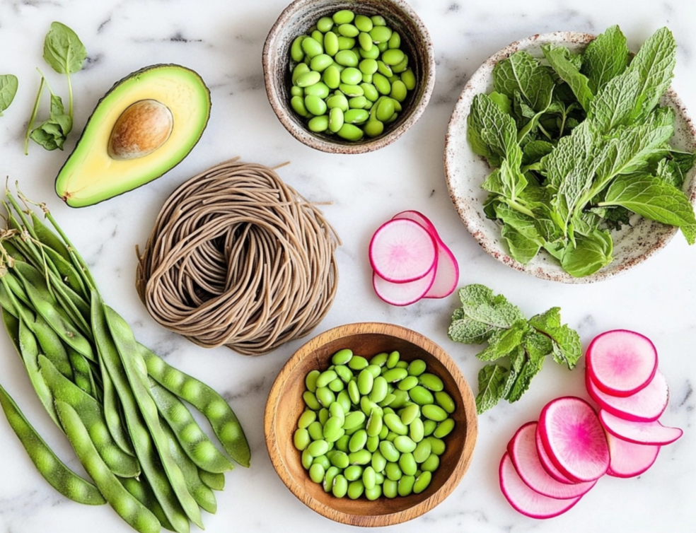 Fresh ingredients for a soba noodle salad, including soba noodles, avocado, edamame, radish slices, mint leaves, and snap peas, arranged on a marble surface.