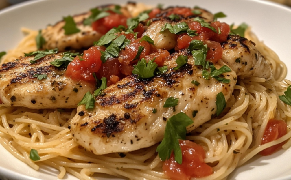 Chicken Spaghetti with Rotel served in a bowl with melted cheese and fresh herbs.