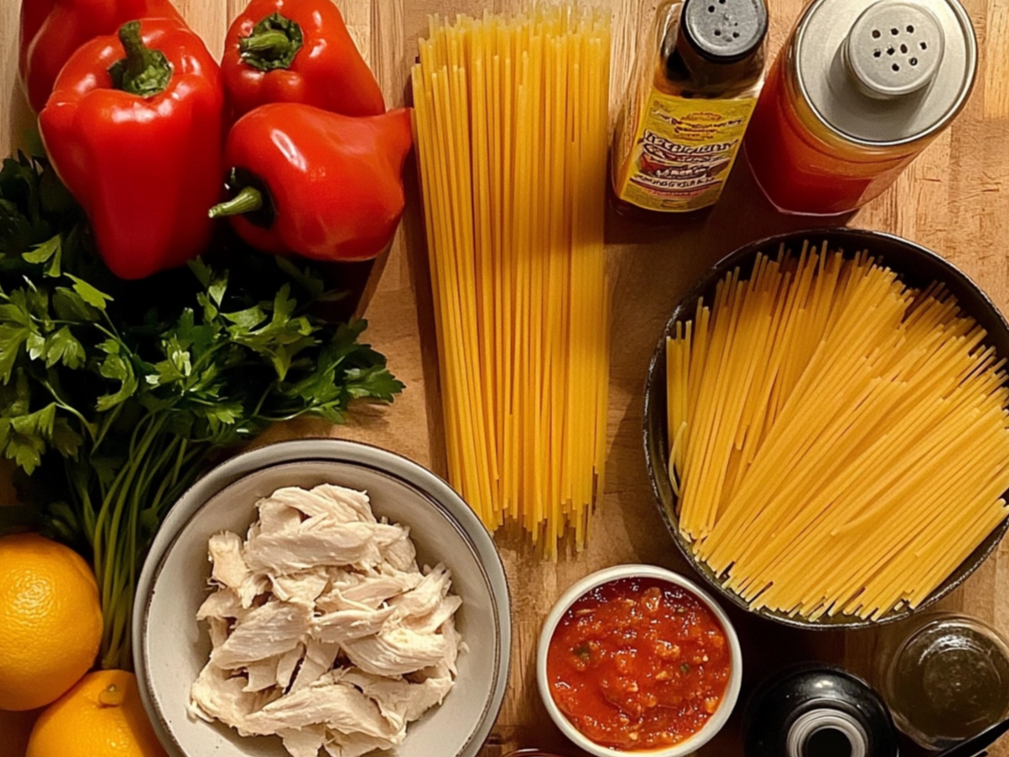 Fresh ingredients for a pasta dish, including red bell peppers, parsley, cooked chicken, spaghetti, marinara sauce, and olive oil, arranged on a wooden surface.