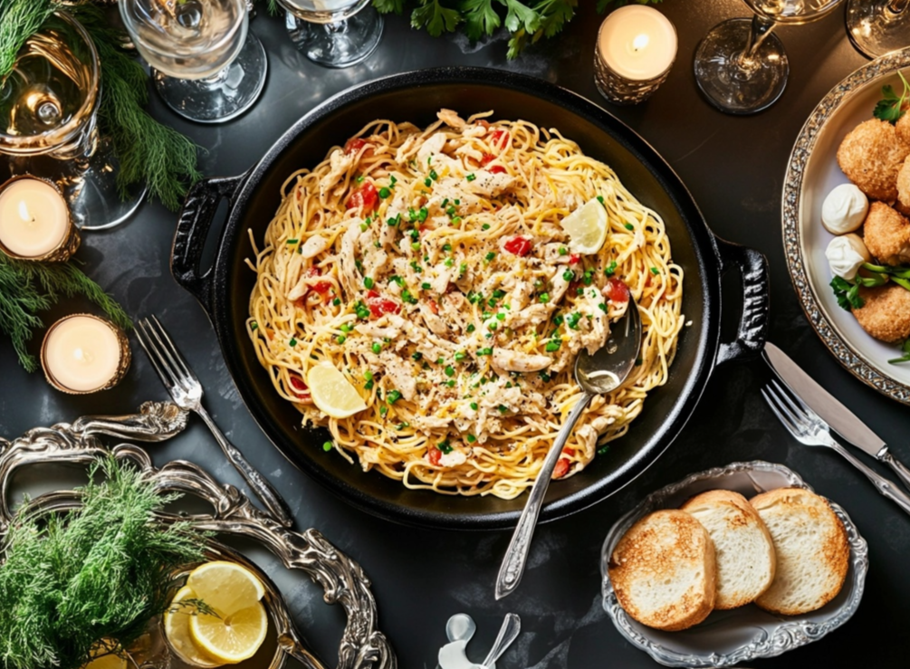 A skillet of chicken pasta with lemon and herbs served on an elegant dining table with candles, toasted bread, and side dishes.