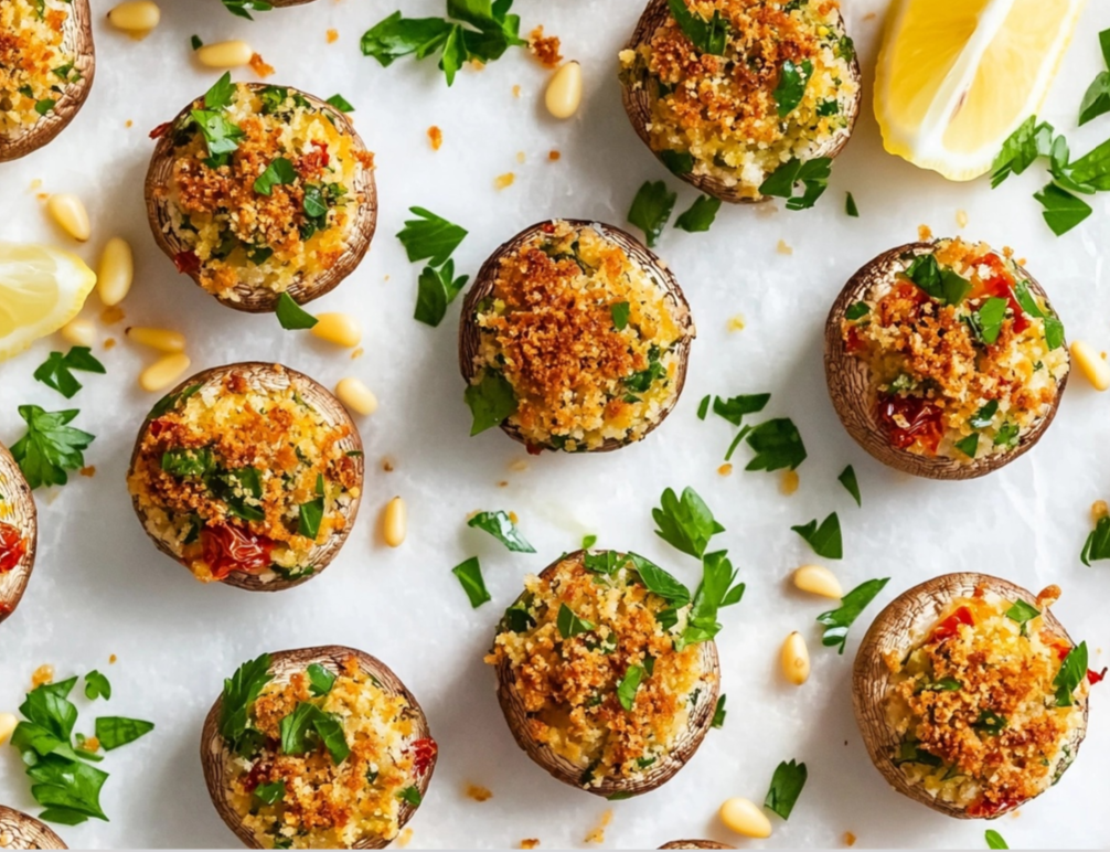 Stuffed Mushrooms plated beautifully with melted cheese and fresh herbs.