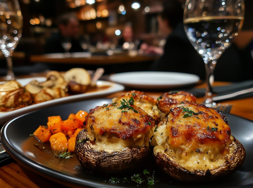 Gourmet stuffed mushrooms with golden cheese topping served with roasted butternut squash on a black plate in a restaurant setting.