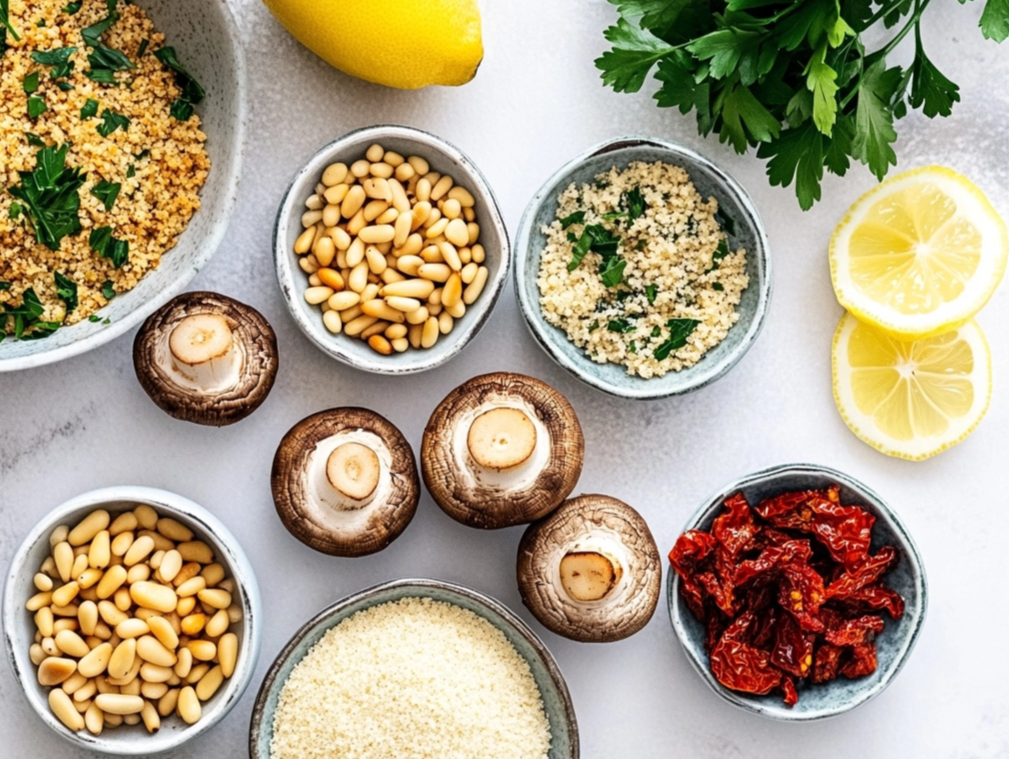 Fresh ingredients for stuffed mushrooms, including whole mushrooms, pine nuts, couscous, parsley, sun-dried tomatoes, and lemon slices, arranged on a light surface.