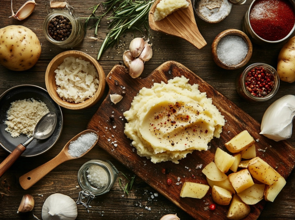 A rustic display of mashed potatoes, potato chunks, garlic, and seasonings, arranged on a wooden table with fresh herbs and spices.