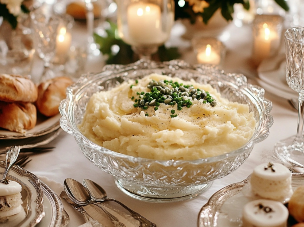 A crystal bowl of creamy mashed potatoes garnished with chives and butter, set on an elegantly decorated dining table with candles and silverware.