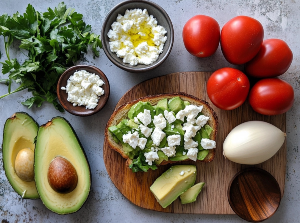 Fresh ingredients for avocado toast, including avocado, feta cheese, parsley, tomatoes, and onion, arranged around a slice of toast on a wooden board.