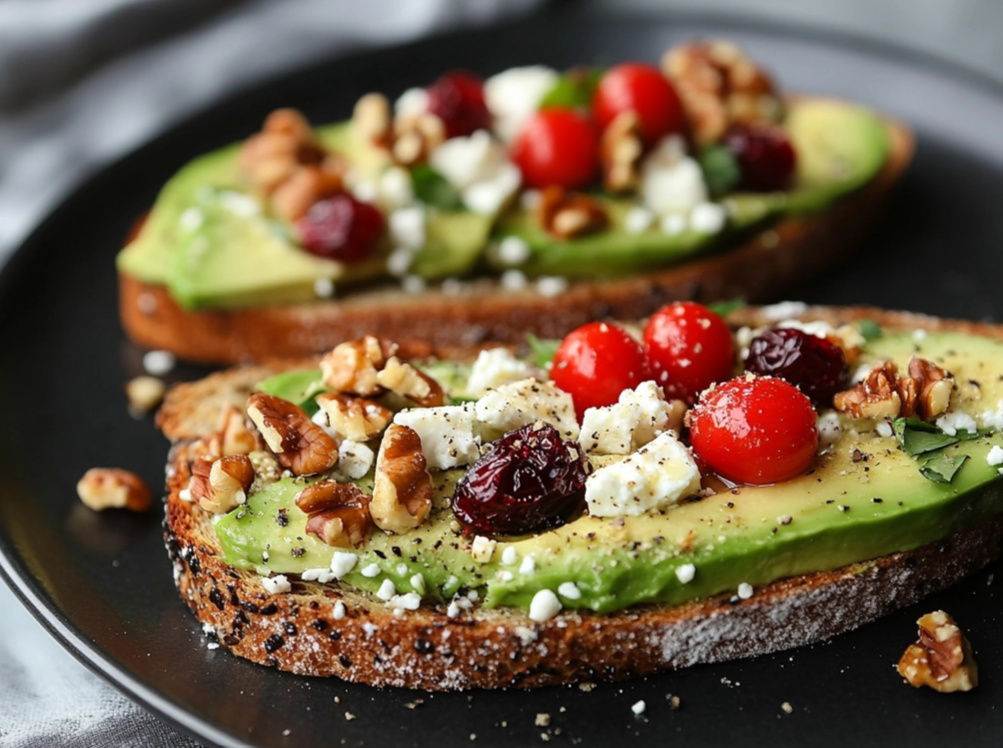 Avocado Toast with Feta topped with fresh herbs and cherry tomatoes.