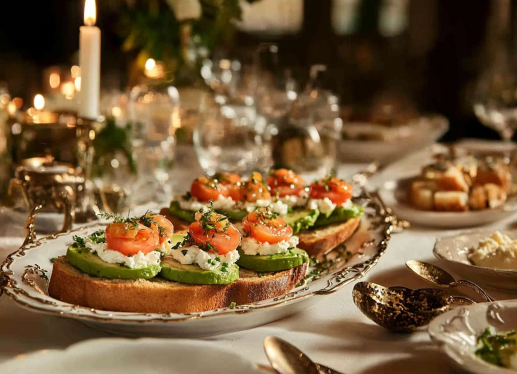  Elegant avocado and smoked salmon toasts topped with cream cheese and herbs, served on a decorative platter at a candlelit dinner table.