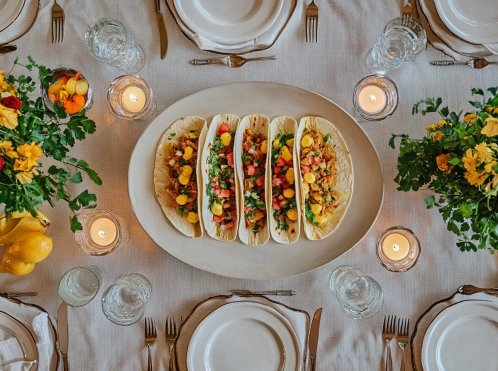 A beautifully set dining table featuring a platter of four tacos filled with colorful fresh ingredients, surrounded by flowers, candles, and elegant dinnerware.