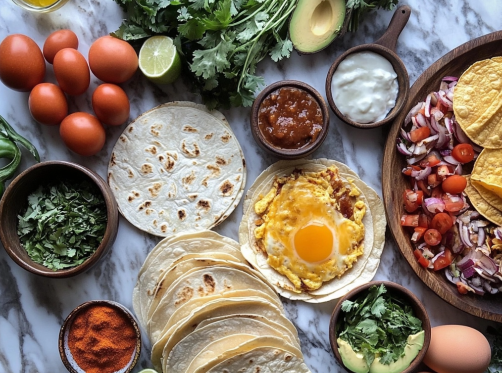 Fresh ingredients for breakfast tacos, including tortillas, eggs, salsa, avocado, cilantro, and vegetables, arranged on a marble countertop.