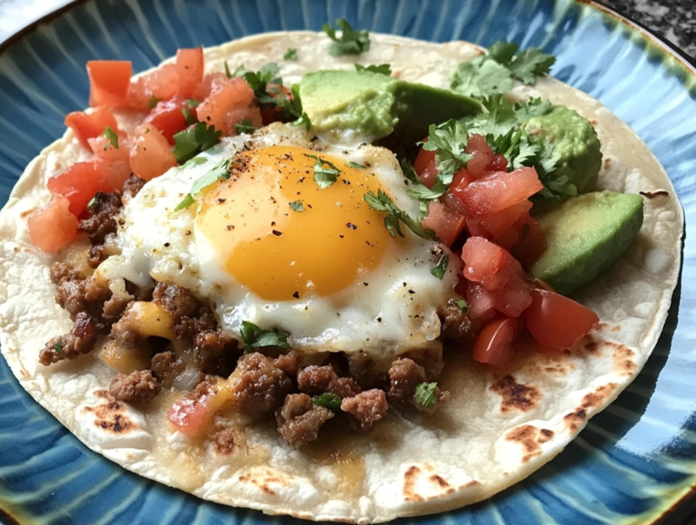 Breakfast Tacos filled with scrambled eggs, sausage, cheese, and fresh vegetables.