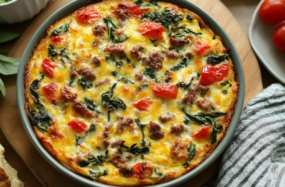 Breakfast Casserole with eggs, sausage, cheese, and fresh vegetables.