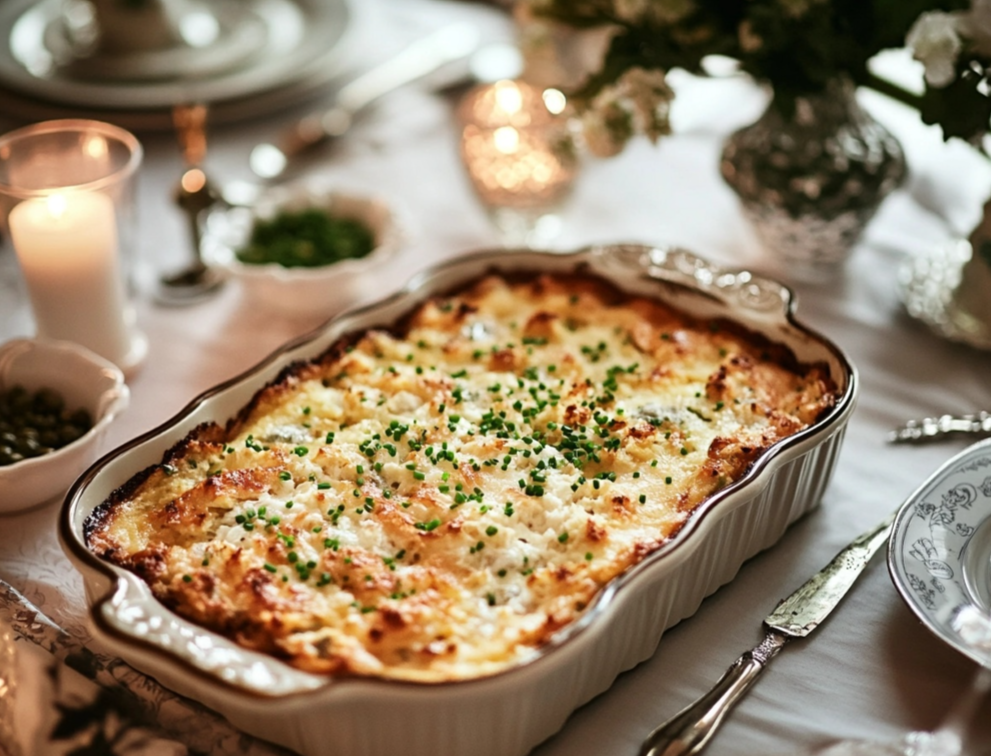 A golden baked casserole garnished with fresh chives, served in an elegant ceramic dish on a beautifully set dining table with candles and floral decor.