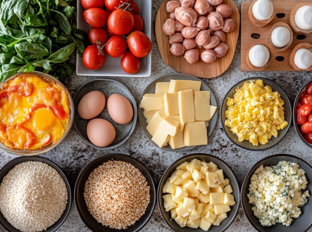 An assortment of fresh ingredients for a breakfast casserole, including eggs, tomatoes, cheese, spinach, shallots, and breadcrumbs, arranged on a countertop.