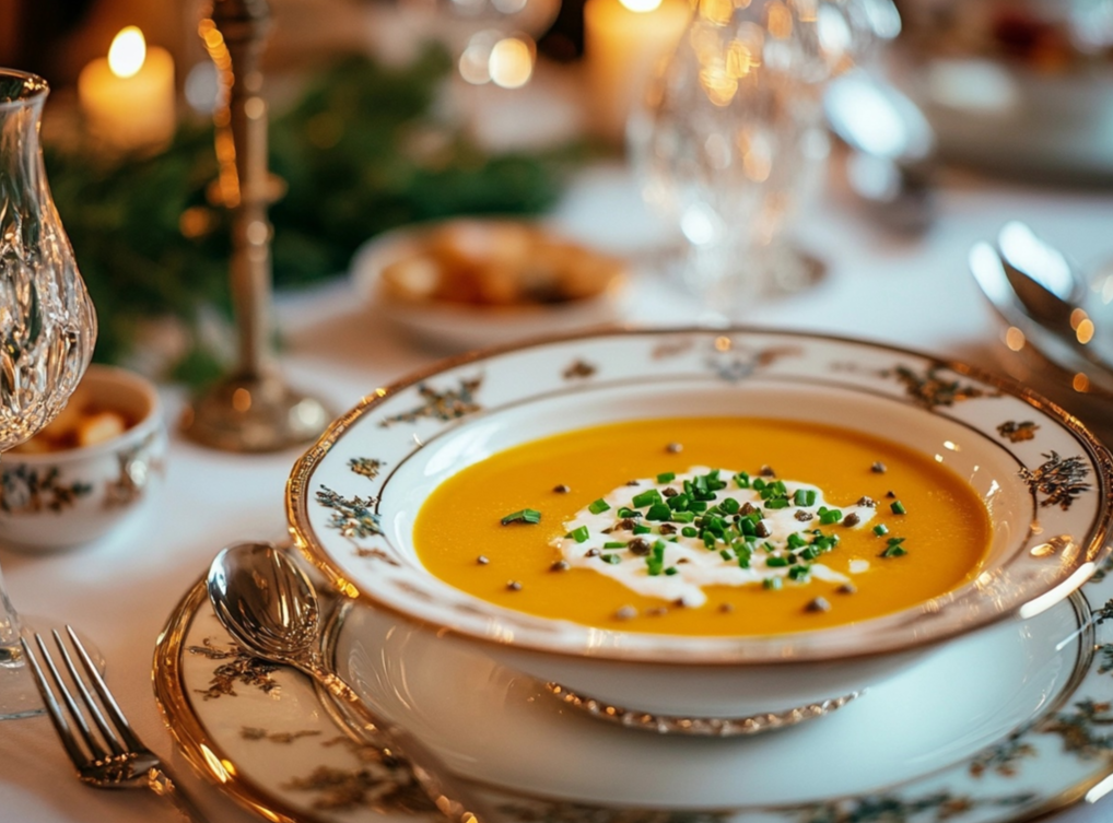 A luxurious bowl of creamy pumpkin soup garnished with sour cream, chives, and peppercorns, served on fine china in an elegant dining setting.