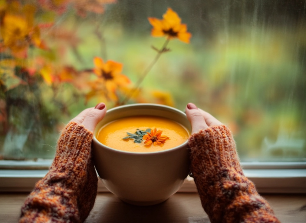 A cozy bowl of pumpkin soup with floral garnish, held by hands in warm knit sleeves near a window with autumn foliage in the background.