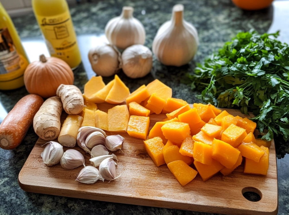 Fresh ingredients for a pumpkin soup, including diced pumpkin, garlic, parsley, ginger, and carrots, arranged on a wooden cutting board.