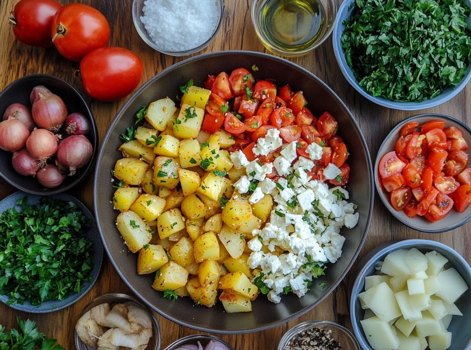  A vibrant preparation of roasted potatoes, diced tomatoes, and crumbled feta in a bowl, surrounded by fresh ingredients like shallots, parsley, and seasonings.