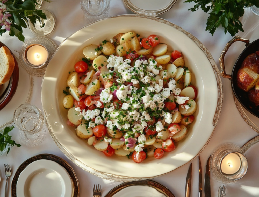 A festive potato salad with cherry tomatoes, crumbled feta, and chives, elegantly served in a large bowl on a candlelit dining table.