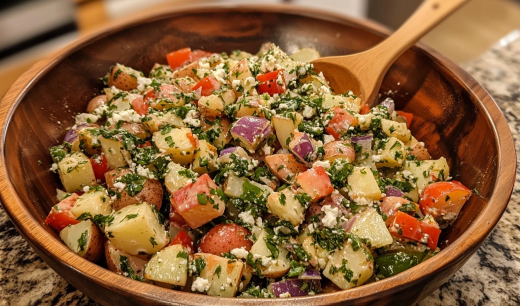 Greek Potato Salad with fresh vegetables, olives, and feta cheese.