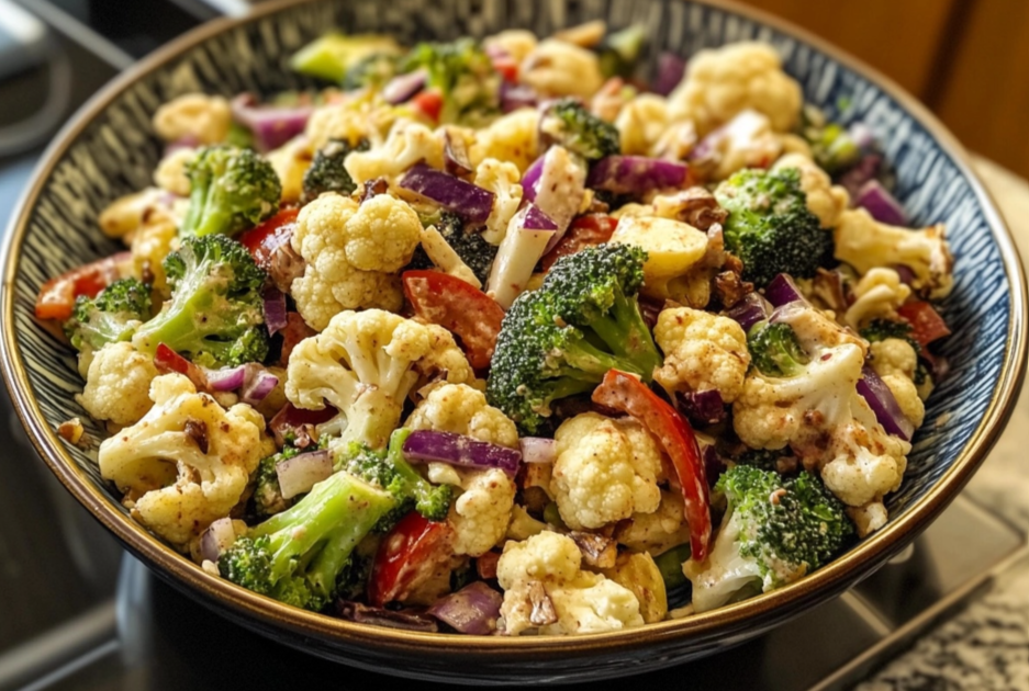 Broccoli Cauliflower Salad Recipe with fresh vegetables, olives, and feta cheese.