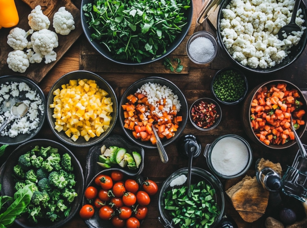 A vibrant assortment of fresh vegetables and ingredients including cauliflower, broccoli, cherry tomatoes, diced carrots, peppers, and greens on a rustic wooden table.