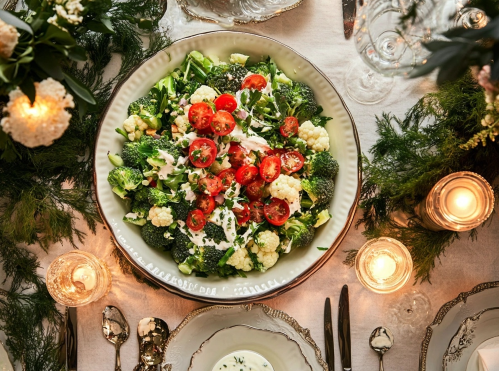 A vibrant broccoli and cauliflower salad topped with cherry tomatoes and creamy dressing, served in an elegant bowl, surrounded by festive candles and table settings.