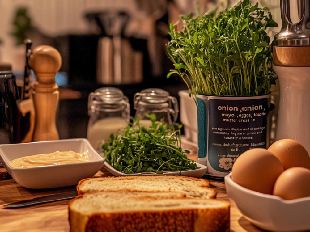 A cozy kitchen setting with fresh ingredients including eggs, bread, mayonnaise, microgreens, and jars of milk, ready for making a sandwich.