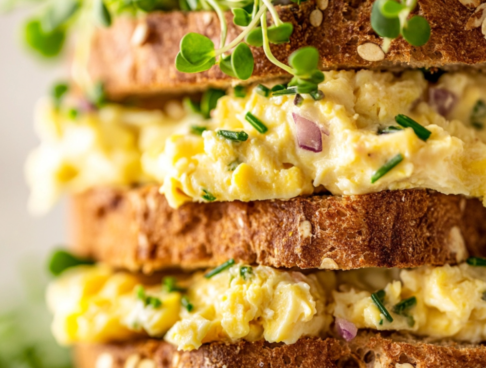 A close-up of a stacked egg salad sandwich with creamy filling, red onions, chives, and microgreens on whole-grain bread.