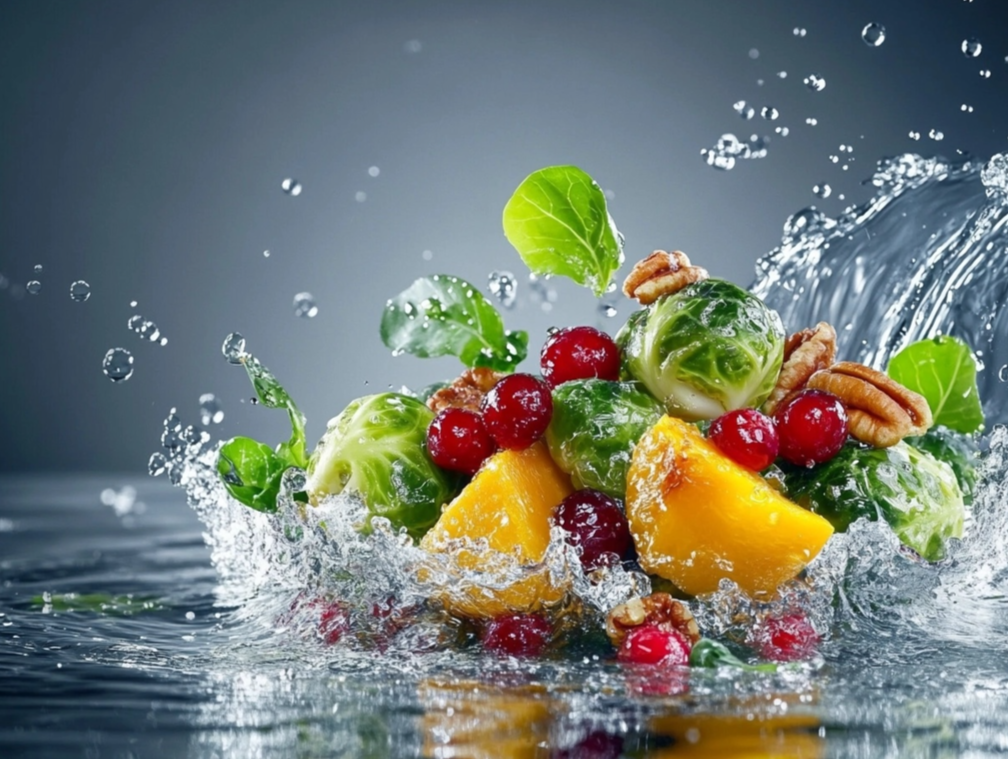 Fresh Brussels sprouts, mango slices, cranberries, and pecans splashing into water with droplets suspended in motion.