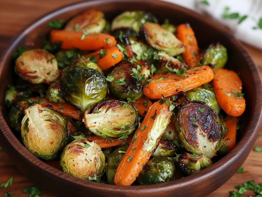 Roasted Brussel Sprouts and Carrots with golden edges and fresh herbs.