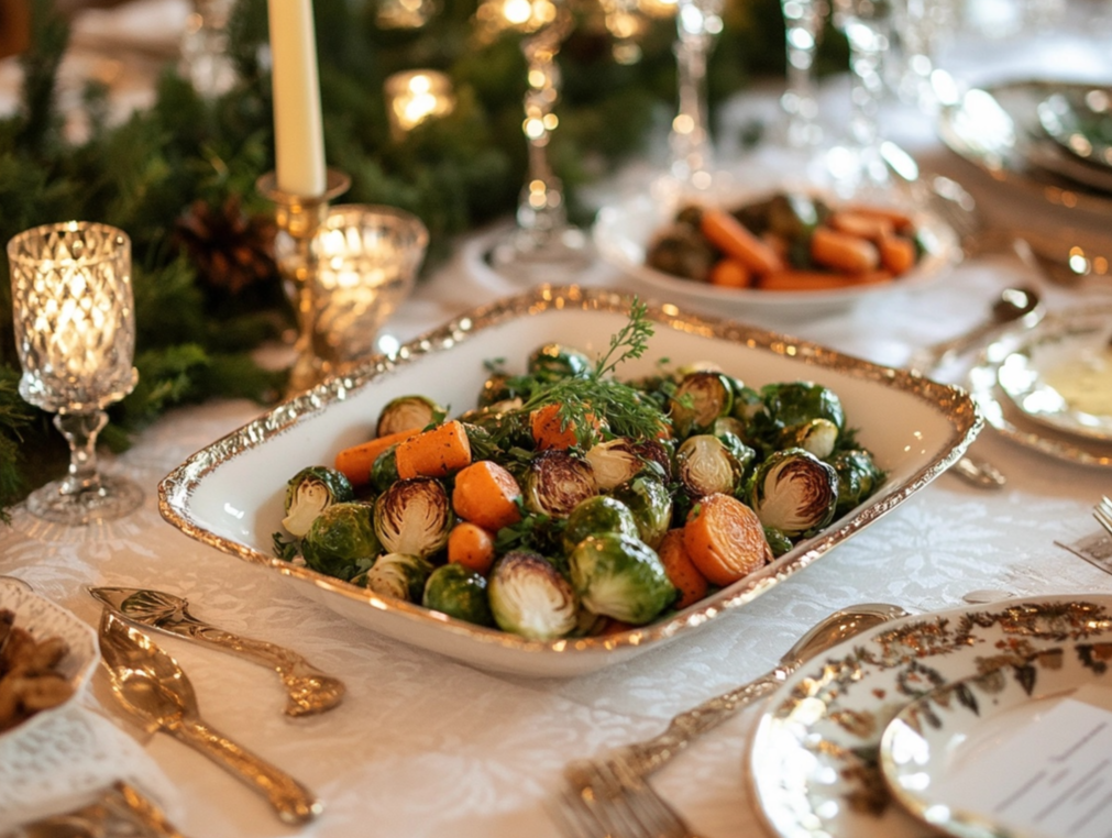 A festive platter of roasted Brussels sprouts and carrots garnished with fresh herbs on an elegant holiday dining table.