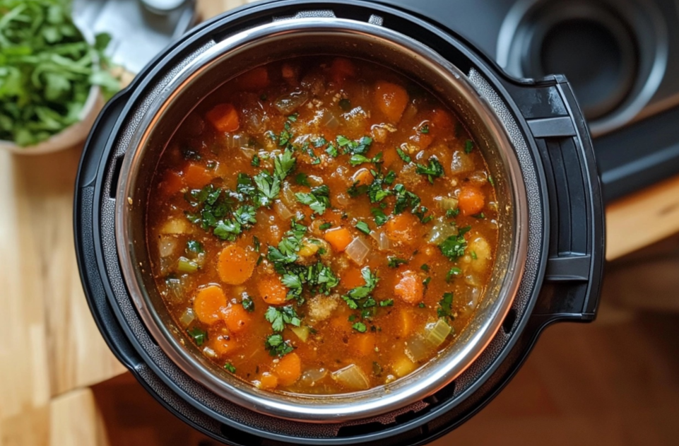 Olena Real Food Instant Pot Vegetable Soup with fresh vegetables and herbs.