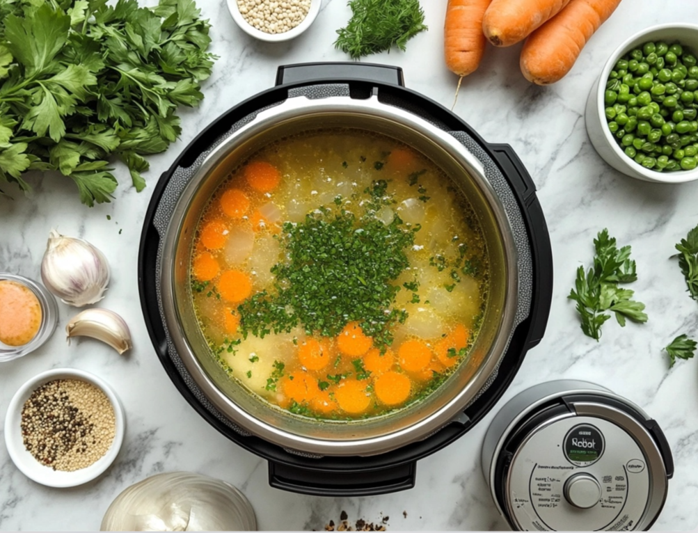 An overhead view of a pressure cooker filled with vegetable soup, garnished with fresh herbs, surrounded by ingredients like carrots, garlic, parsley, peas, and spices.